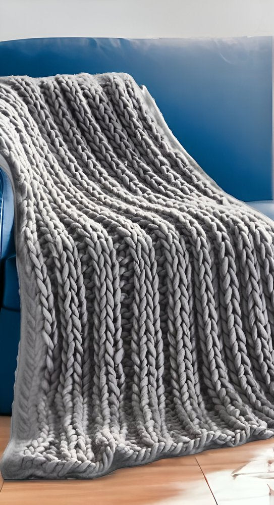 70" X 50" Light Gray Knitted Polyester Throw Blanket