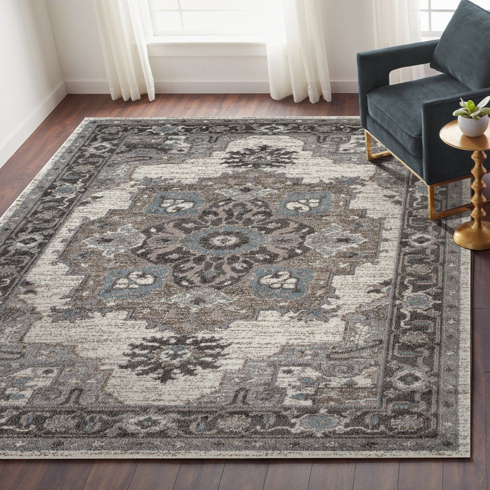 5' X 8' Ivory Taupe and Gray Medallion Power Loom Area Rug