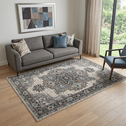 5' X 8' Ivory Taupe and Gray Medallion Power Loom Area Rug