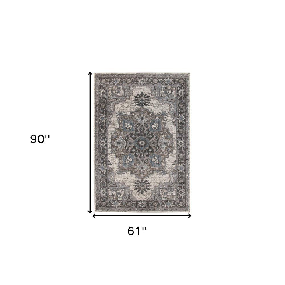 5' X 8' Ivory Taupe and Gray Medallion Power Loom Area Rug
