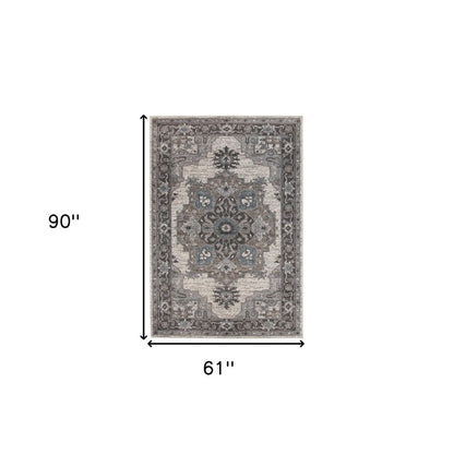 5' X 8' Ivory Taupe and Gray Medallion Power Loom Area Rug