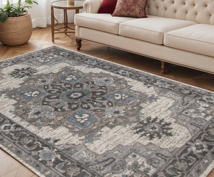 5' X 8' Ivory Taupe and Gray Medallion Power Loom Area Rug