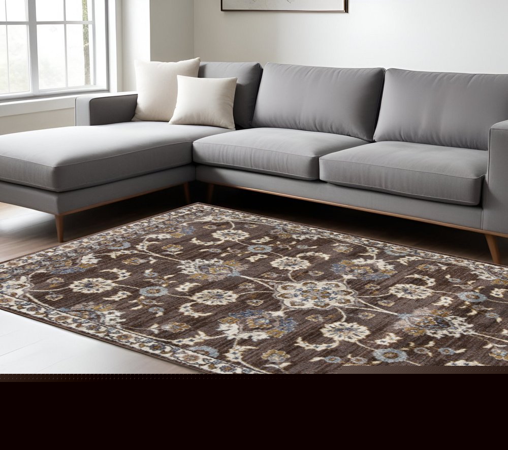 9' X 12' Ivory Blue And Brown Floral Area Rug