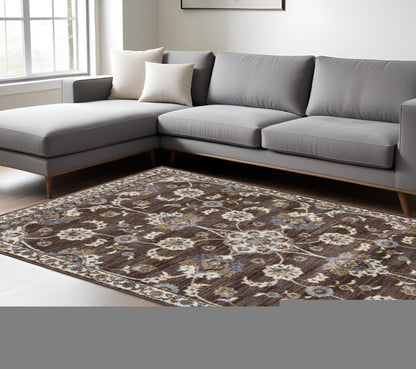 9' X 12' Ivory Blue And Brown Floral Area Rug