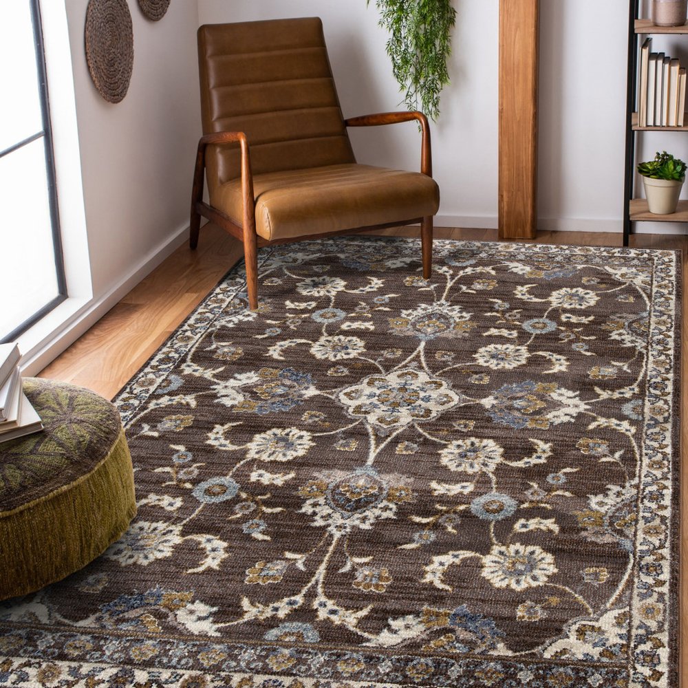 9' X 12' Ivory Blue And Brown Floral Area Rug