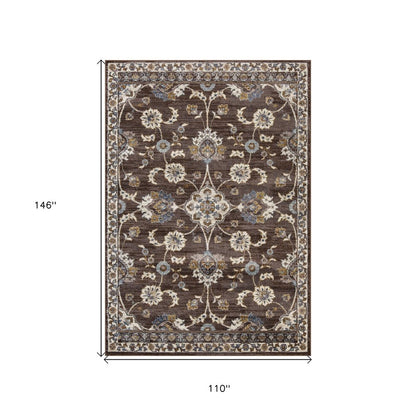 9' X 12' Ivory Blue And Brown Floral Area Rug