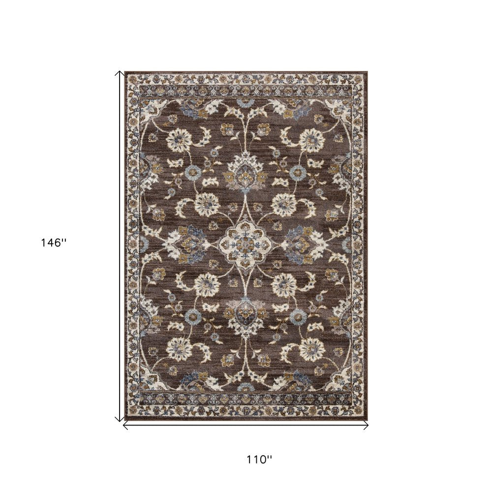 9' X 12' Ivory Blue And Brown Floral Area Rug