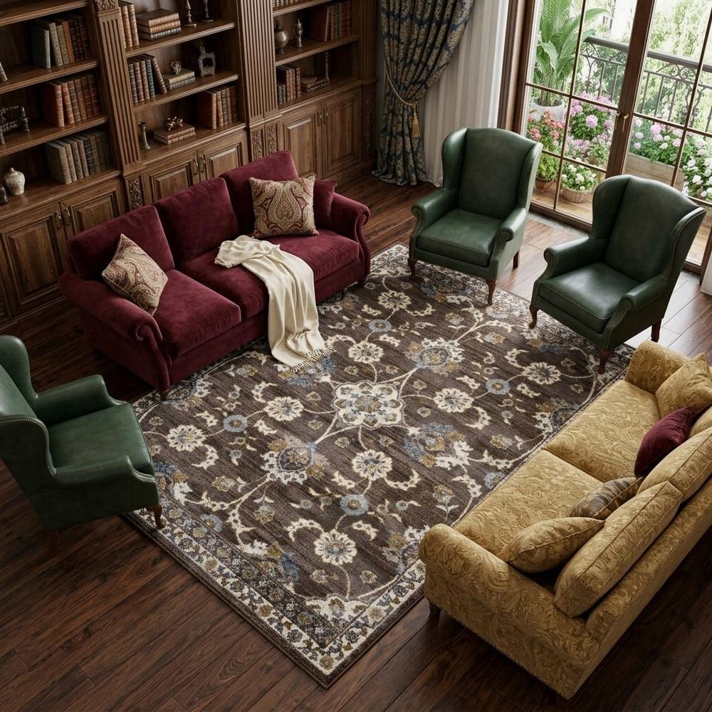 9' X 12' Ivory Blue And Brown Floral Area Rug