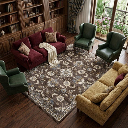 9' X 12' Ivory Blue And Brown Floral Area Rug