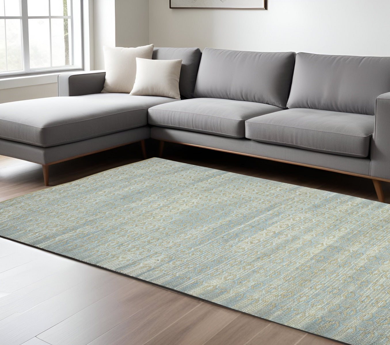 8' X 10' Light Blue And Tan Jute Geometric Flatweave Handmade Area Rug