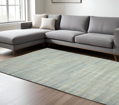 8' X 10' Light Blue And Tan Jute Geometric Flatweave Handmade Area Rug