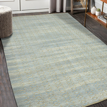8' X 10' Light Blue And Tan Jute Geometric Flatweave Handmade Area Rug