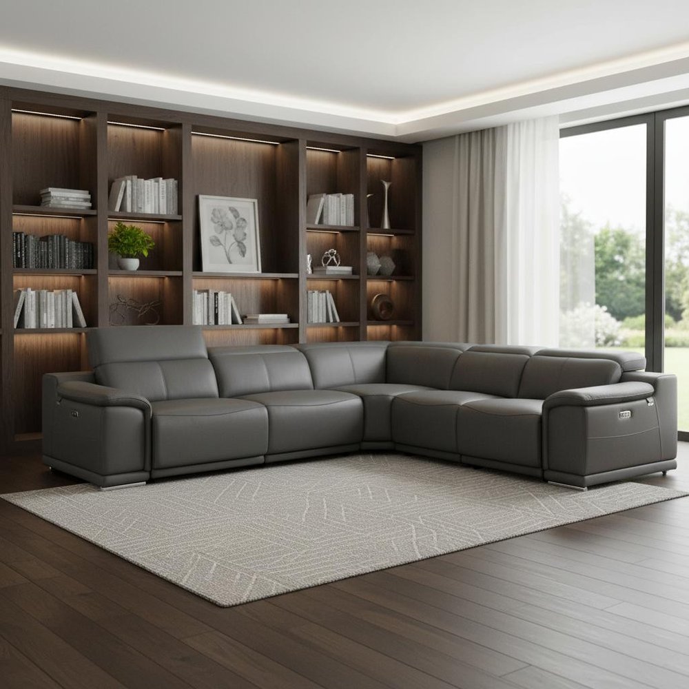 Gray Italian Leather Power Reclining U Shaped Five Piece Corner Sectional With Console