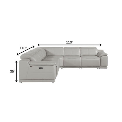 Light Gray Italian Leather Power Reclining U Shaped Five Piece Corner Sectional With Console