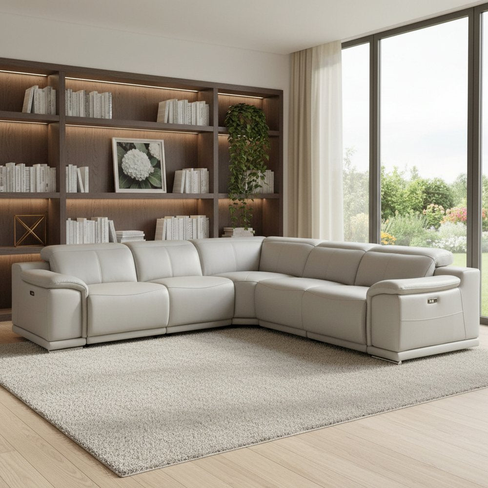Light Gray Italian Leather Power Reclining U Shaped Five Piece Corner Sectional With Console