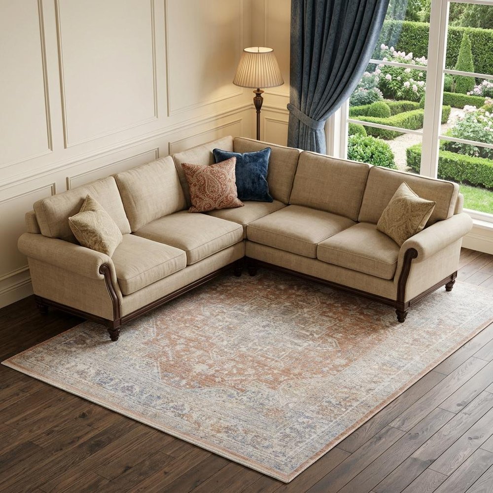 8' X 10' Brown and Blue Oriental Power Loom Distressed Area Rug With Fringe