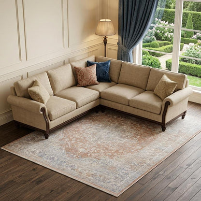 8' X 10' Brown and Blue Oriental Power Loom Distressed Area Rug With Fringe