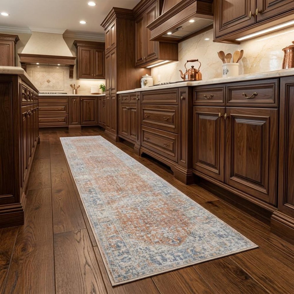 8' Brown and Blue Oriental Power Loom Distressed Runner Rug With Fringe