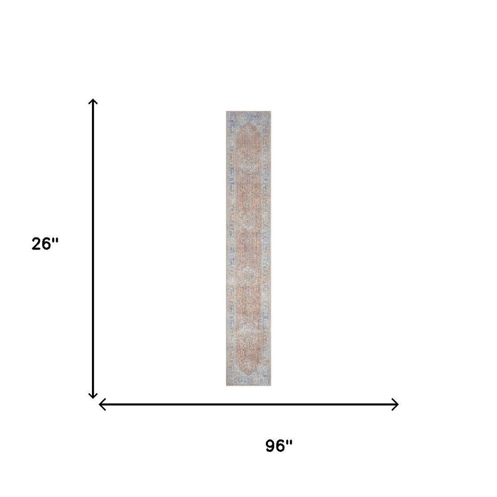 8' Brown and Blue Oriental Power Loom Distressed Runner Rug With Fringe