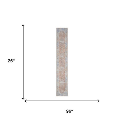 8' Brown and Blue Oriental Power Loom Distressed Runner Rug With Fringe