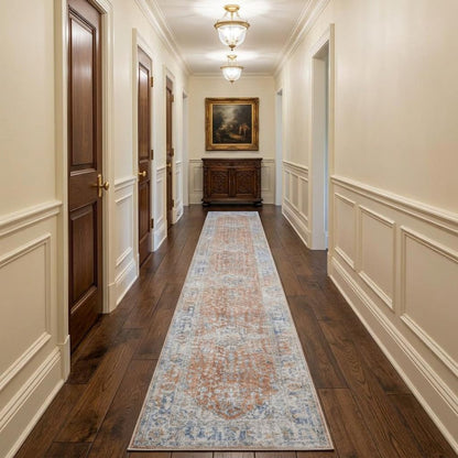 12' Brown and Blue Oriental Power Loom Distressed Runner Rug