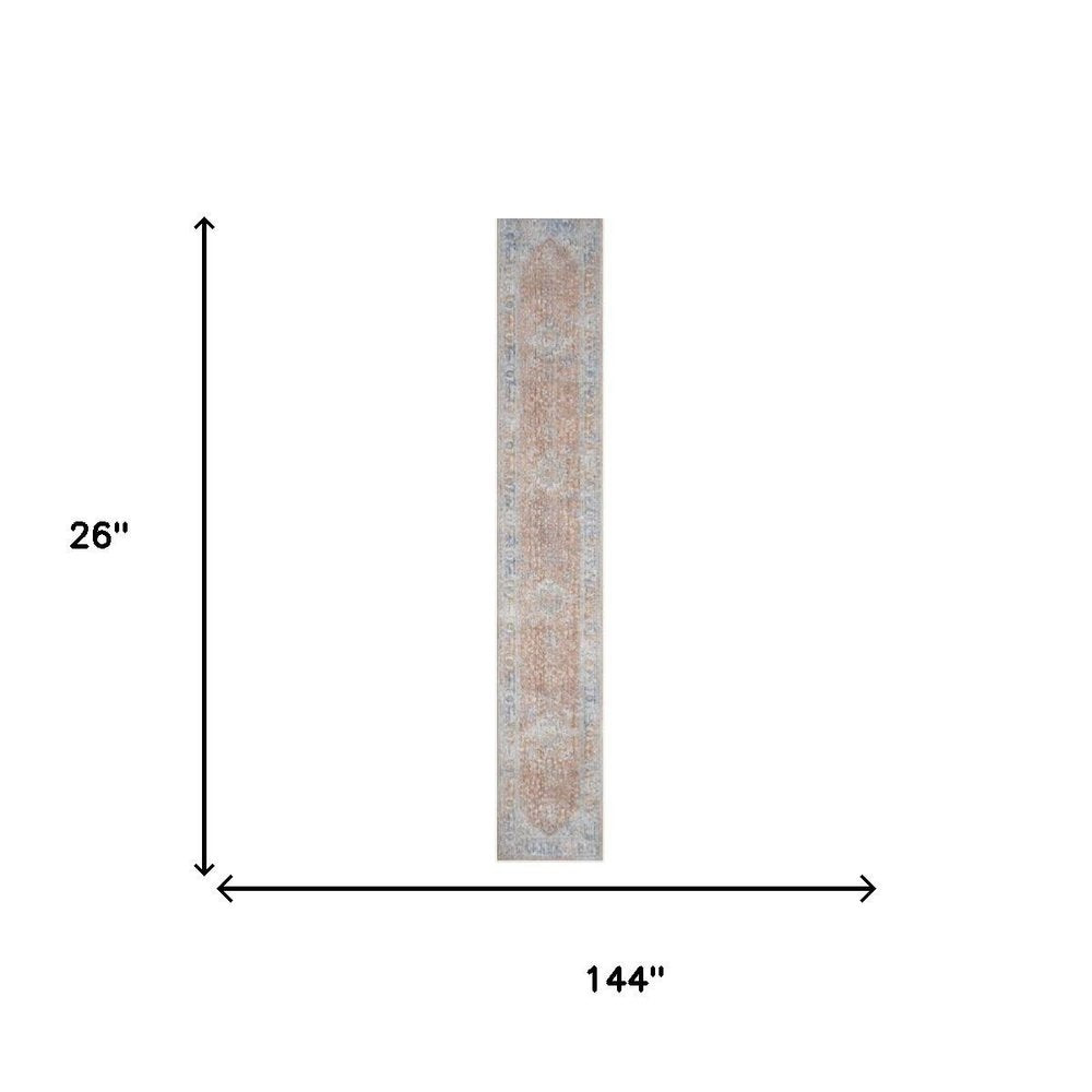 12' Brown and Blue Oriental Power Loom Distressed Runner Rug