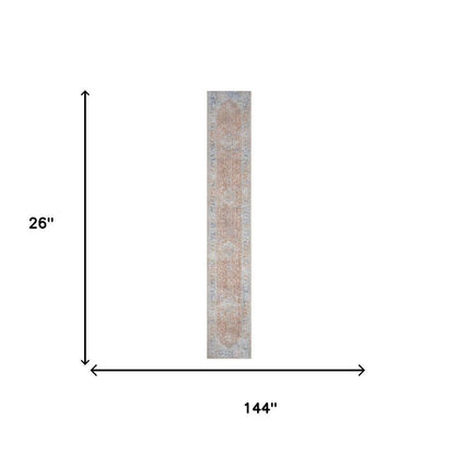 12' Brown and Blue Oriental Power Loom Distressed Runner Rug