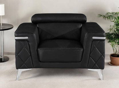42" Black And Silver Top Grain Leather Club Chair