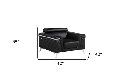 42" Black And Silver Top Grain Leather Club Chair