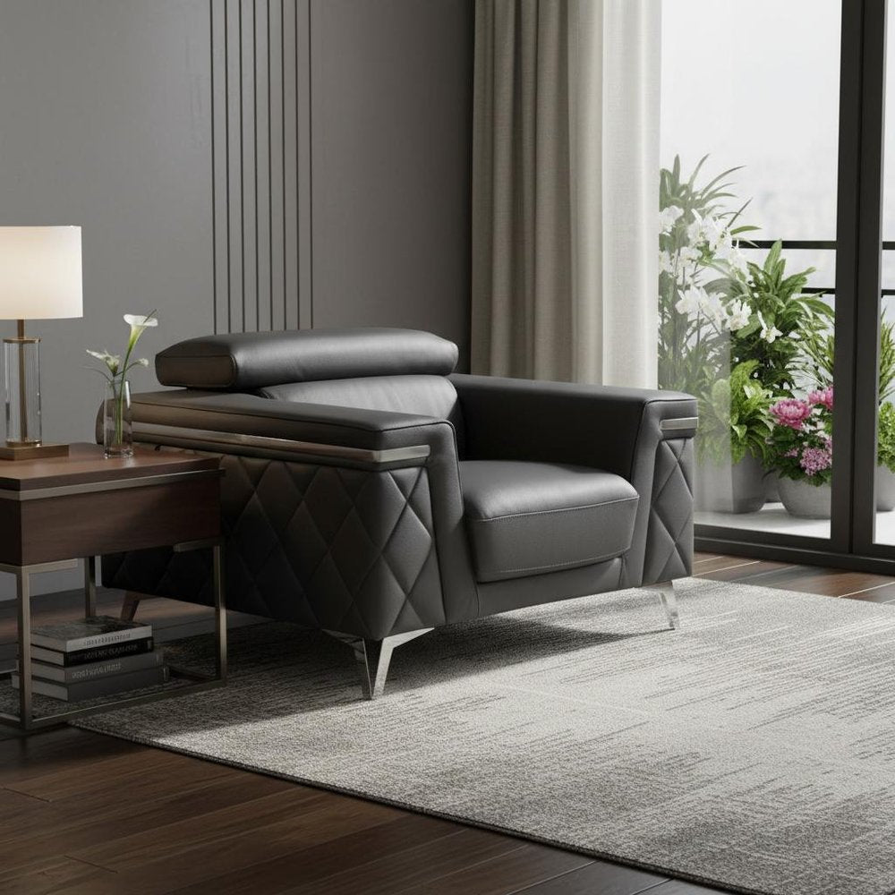 42" Gray And Silver Top Grain Leather Club Chair