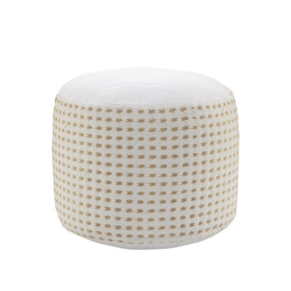 18" White Jute Blend Round Geometric Pouf Ottoman