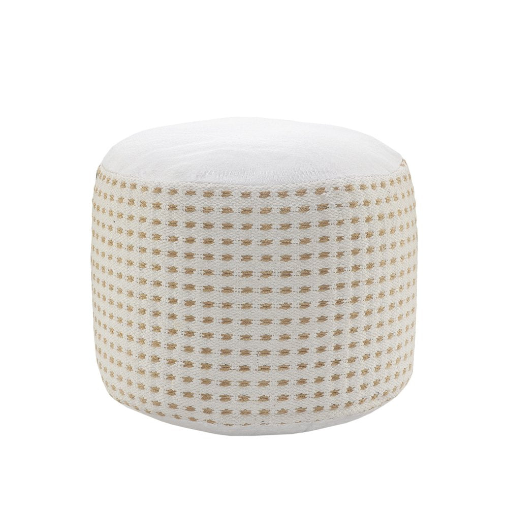 18" White Jute Blend Round Geometric Pouf Ottoman