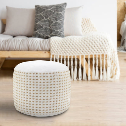 18" White Jute Blend Round Geometric Pouf Ottoman