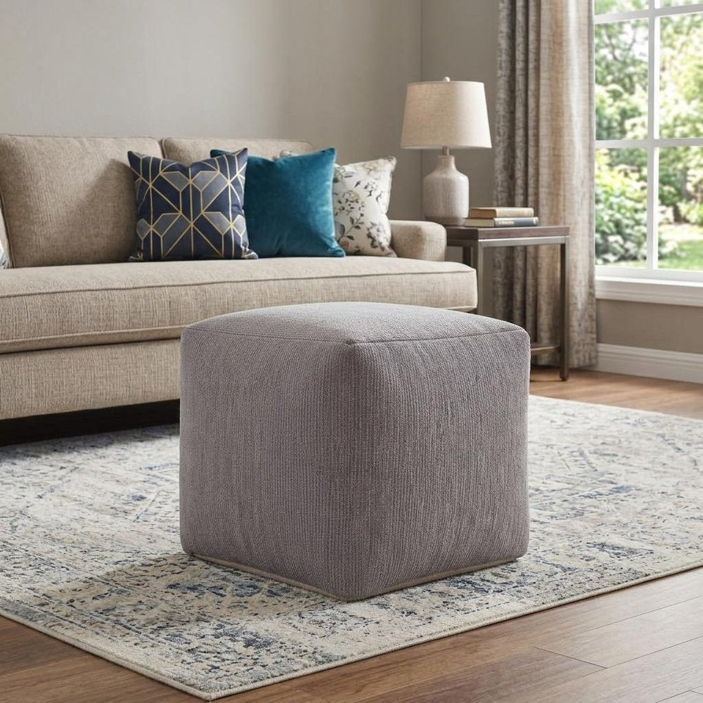 18" Beige Chenille Cube Pouf Ottoman