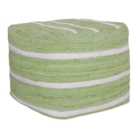 18" Green and White Cotton Striped Cube Pouf Ottoman