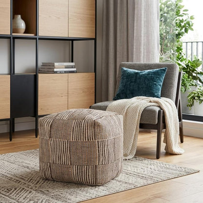 18" Brown Cotton Cube Geometric Pouf Ottoman