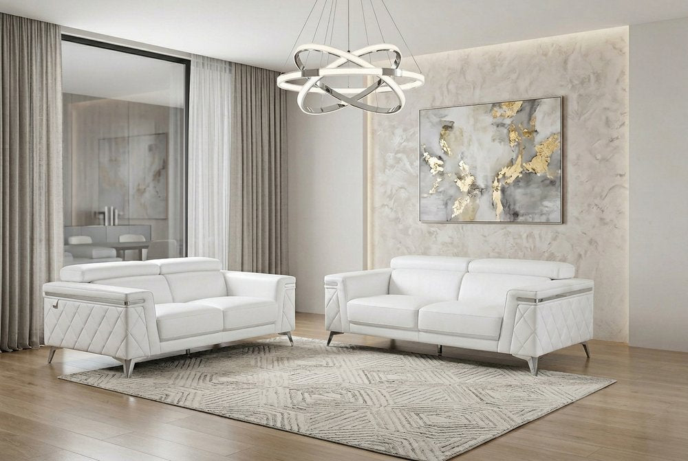 Two Piece Indoor White Italian Leather Five Person Seating Set