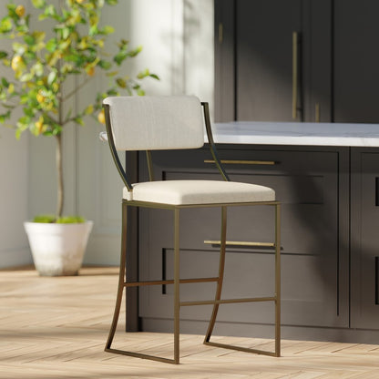 30" Beige And Antiqued Brass Steel Low Back Bar Height Bar Chair