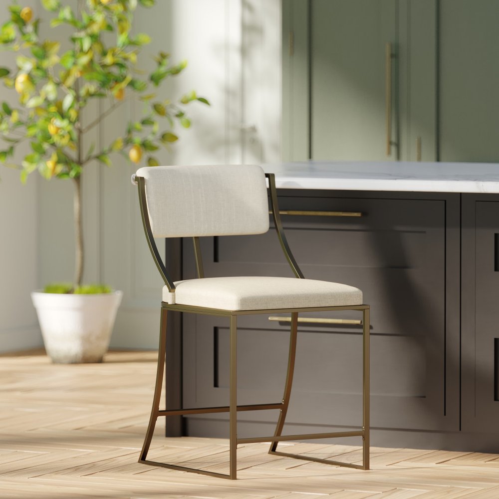 25" Beige And Antiqued Brass Steel Low Back Counter Height Bar Chair