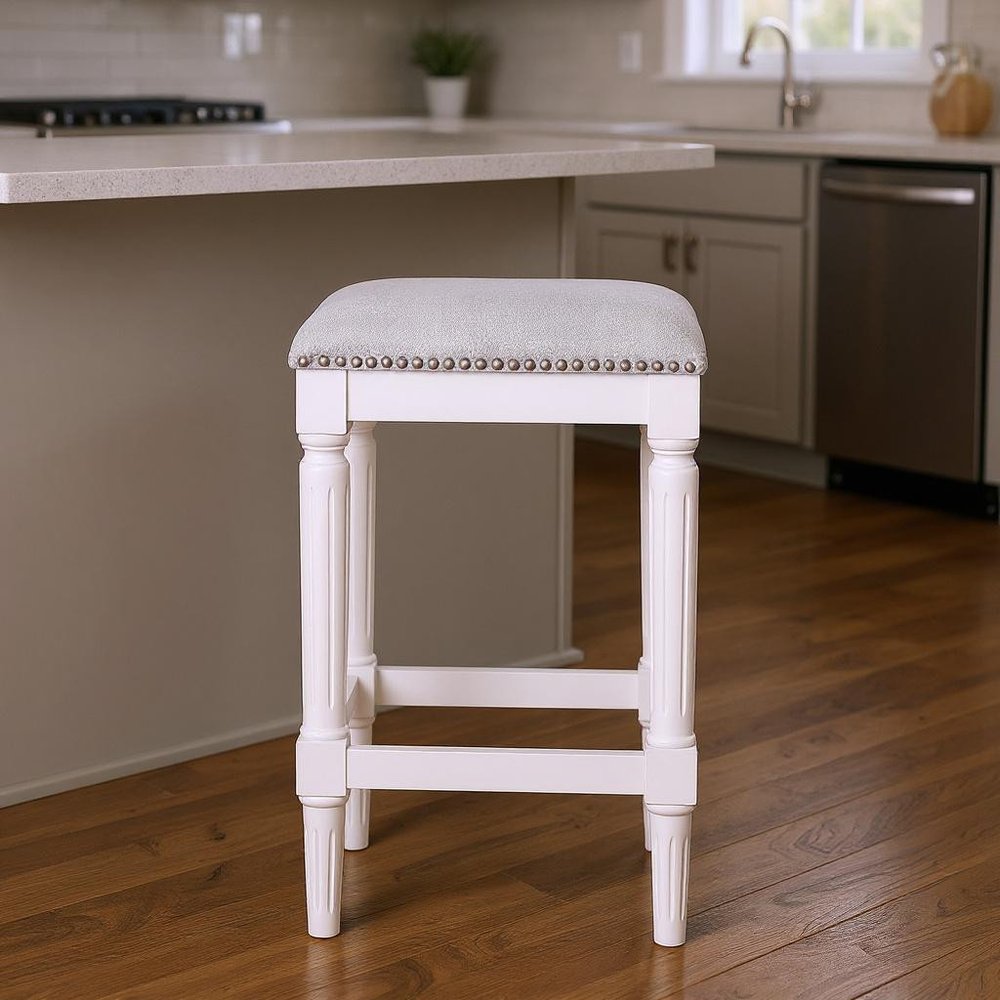 27" Gray And Antiqued White Solid Wood Backless Counter Height Bar Chair