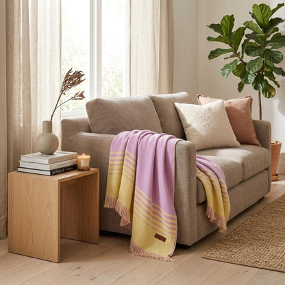 Pink and Yellow Woven Acrylic Striped Throw Blanket With Fringe