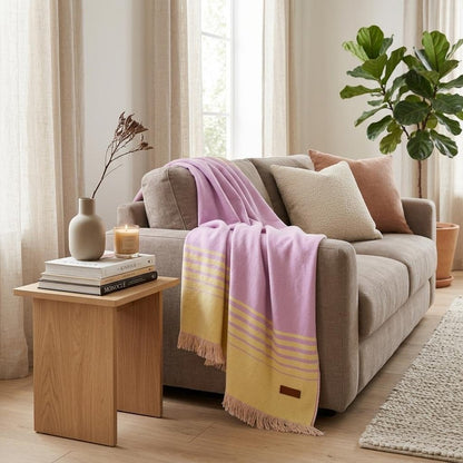 Pink and Yellow Woven Acrylic Striped Throw Blanket With Fringe