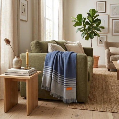 Blue and Gray Woven Microfiber Striped Throw Blanket with Fringe