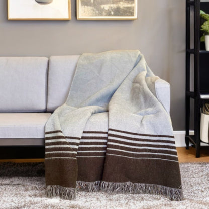 Black and Gray Woven Microfiber Striped Throw Blanket with Fringe