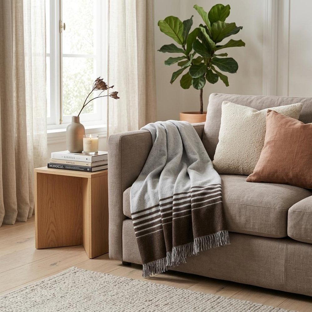 Black and Gray Woven Microfiber Striped Throw Blanket with Fringe