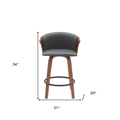 26" Gray and Wood Brown Faux Leather with Solid Wood Swivel Counter Height Bar Chair