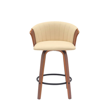 26" Cream and Wood Brown Faux Leather with Solid Wood Swivel Counter Height Bar Chair