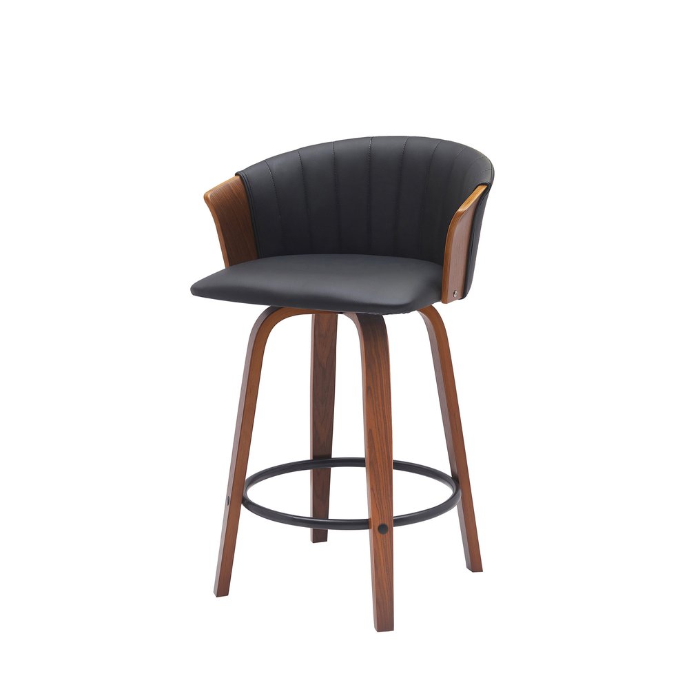 26" Black And Brown Faux Leather And Fabric And Solid Wood Counter Height Swivel Bar Chair