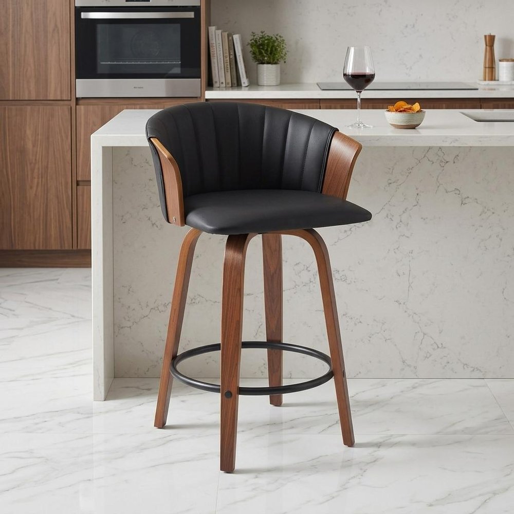 26" Black and Wood Brown Faux Leather with Solid Wood Swivel Counter Height Bar Chair