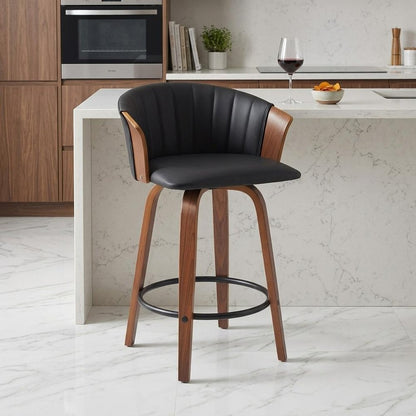 26" Black and Wood Brown Faux Leather with Solid Wood Swivel Counter Height Bar Chair